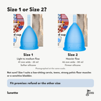 Lunette-Menstruationstasse in Größe 1 und Größe 2, im gleichen Maßstab fotografiert, mit Angaben zu Breite, Fassungsvermögen und Festigkeit