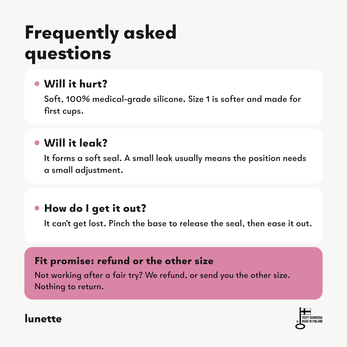 Häufig gestellte Fragen zur Menstruationstasse und zum „Lunette Fit Promise“